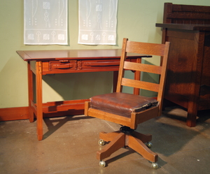 Office Desk Chair  L & J G Stickley Gustav Stickley cojoined signature.  Original finish and leather. 